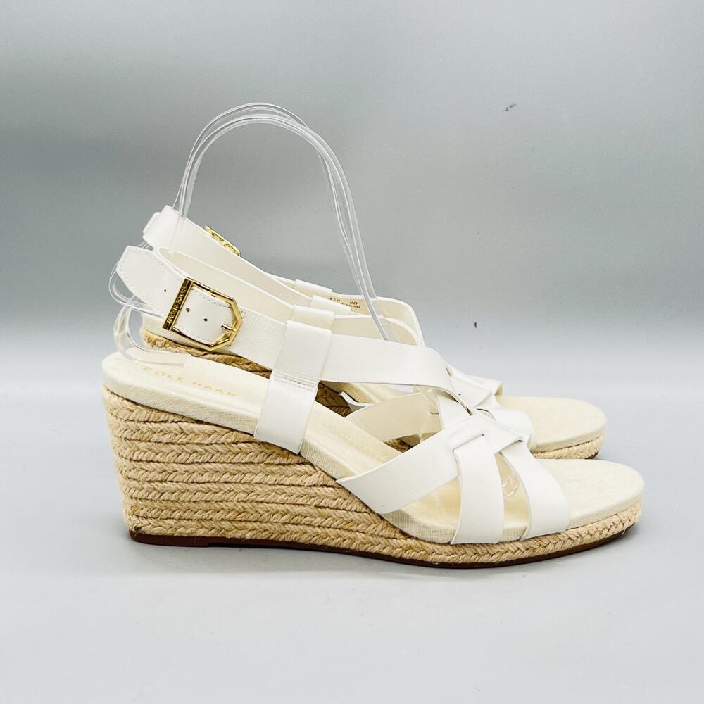 Cole Haan Sandals Women 9 White Leather Strappy Slingback Espadrille Wedge Shoes